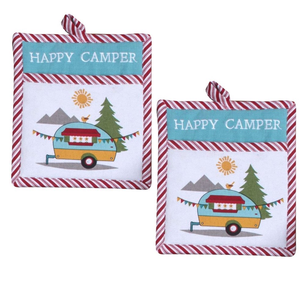 Kay Dee Happy Camper Embroidered Pocket Oven Mitts, Set of 2, Red